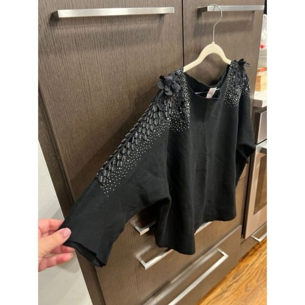 Luna Studded/Faux pearl Raglan Sleeves‎ Pullover Sweater Black Color Size XL